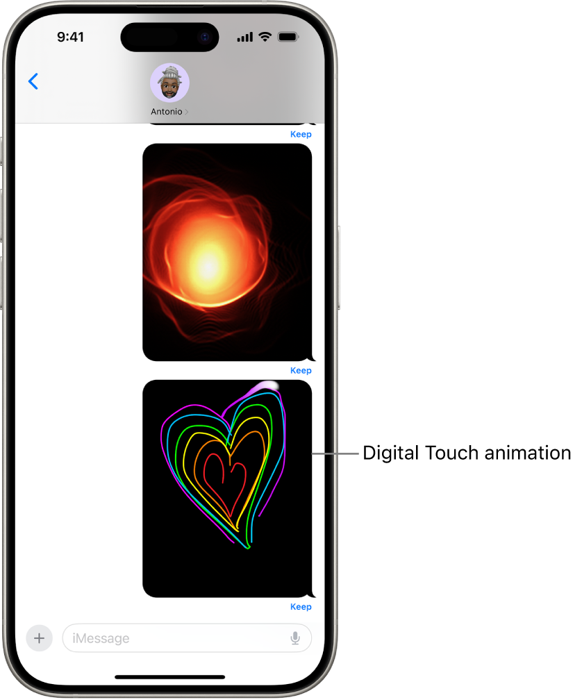 A Messages conversation with a Digital Touch gesture and animation.