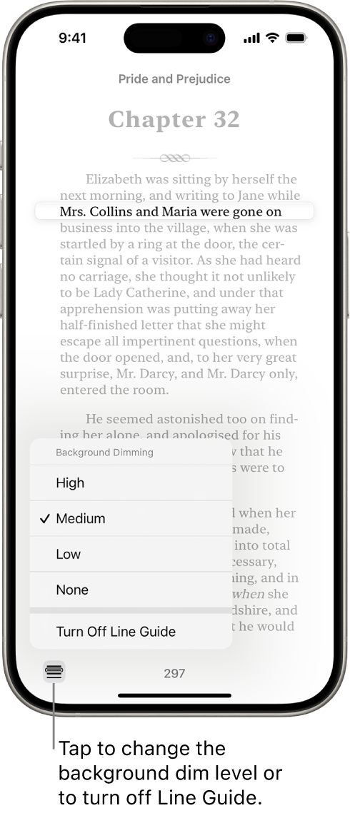 A page of a book in the Books app. A single line of text is highlighted and the rest of the text is dimmed. In the bottom-left corner of the screen is the Line Guide Menu button.