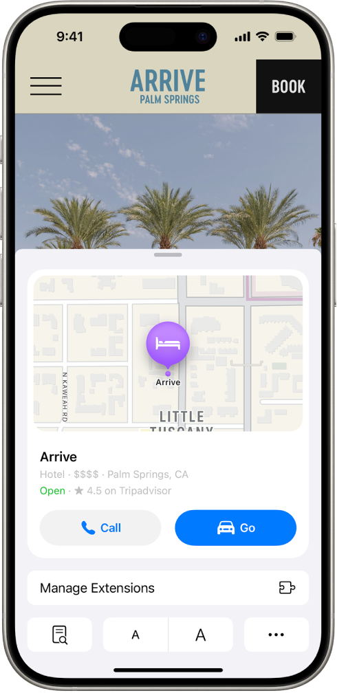 The Safari app showing highlights for a hotel destination in Palm Springs, including a map, buttons to call the hotel and get directions, and a link to book a reservation.