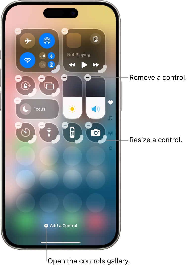 Control Center being edited, with a Remove button and resize handle on every control.