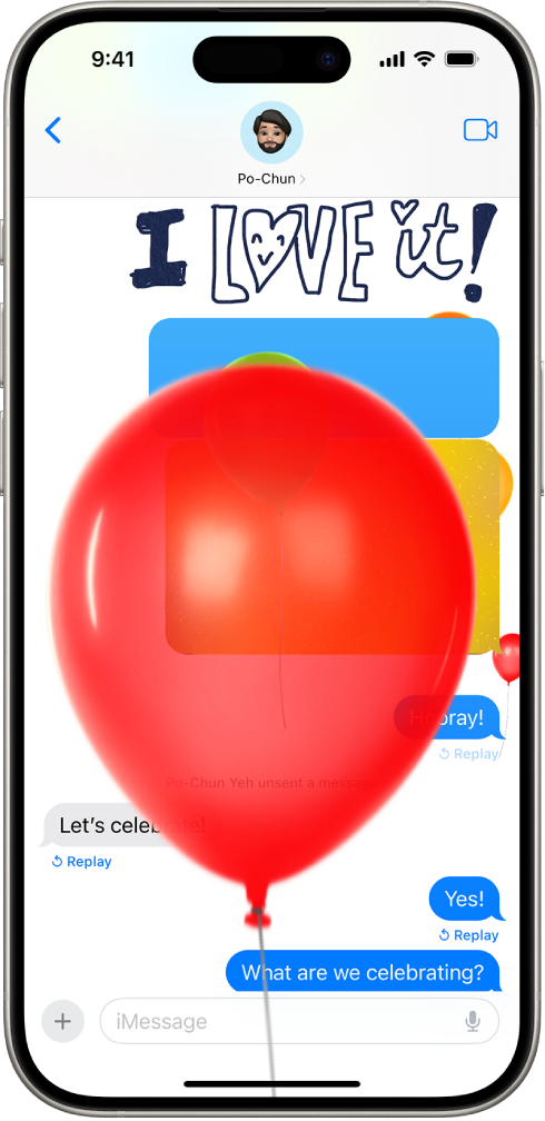 A full-screen animation of balloons, with Replay buttons below messages that were sent with the effects.