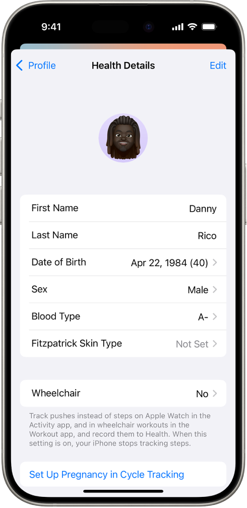 The Health Details screen, which includes fields for name, birth date, blood type, and other information.