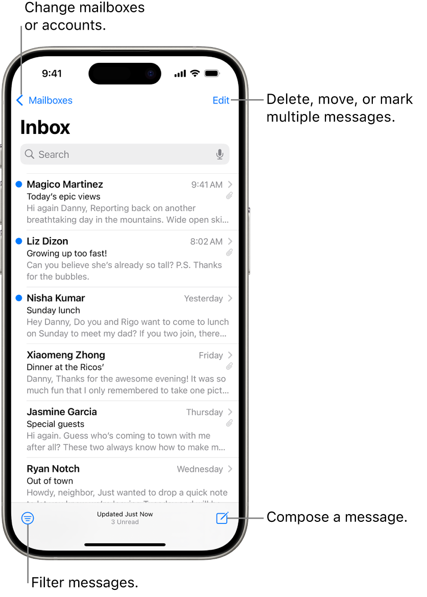 The Mail Inbox, showing a list of emails.