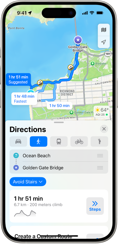 A map showing a walking route. The route card at the bottom provides details for the route, including estimated travel time and elevation changes. A Go button appears to the right of the details.