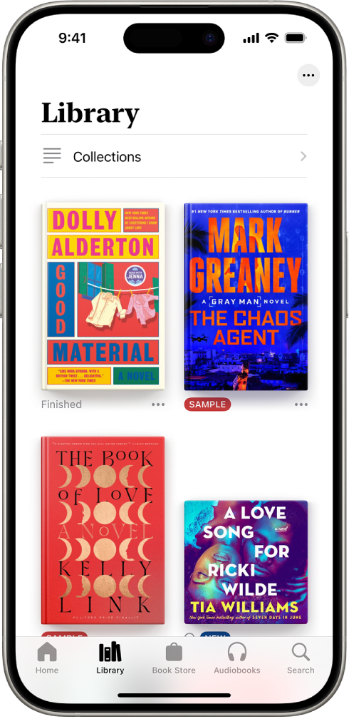 The Library screen in the Books app. At the top of the screen is the Collections button. In the middle of the screen are book covers. At the bottom of the screen are, from left to right, the Home, Library, Book Store, Audiobooks, and Search tabs. The Library tab is selected.