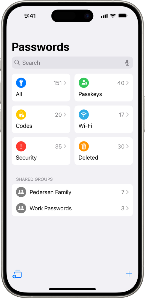 The Home Screen for the Passwords app, with buttons for All, Passkeys, Verification Codes, W-Fi, Security, and Deleted, along with a list of Shared Groups.