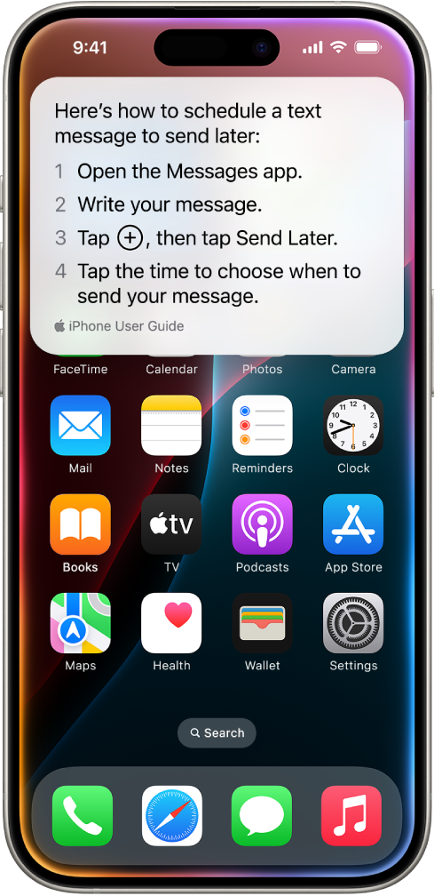 La pantalla de inicio del iPhone mostrando los pasos proporcionados por Siri para programar el envío de un mensaje de texto para más tarde.