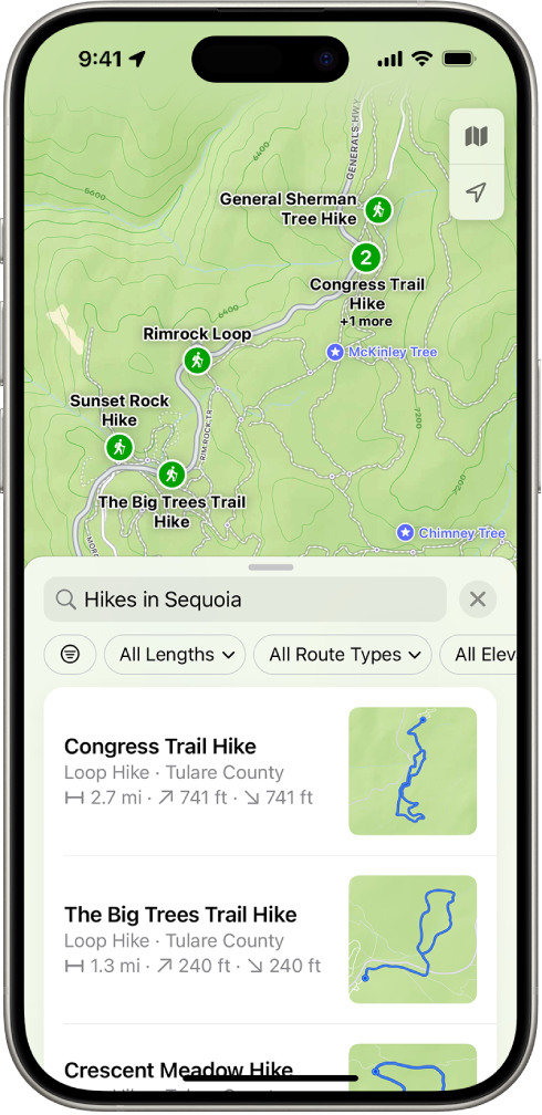 La app Mapas mostrando resultados para una búsqueda de rutas de senderismo en un parque nacional.