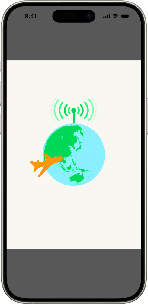 La pantalla de un iPhone mostrando una ilustración de un globo terráqueo. En la parte superior del globo terráqueo hay una señal de radio, y un avión vuela alrededor del globo.