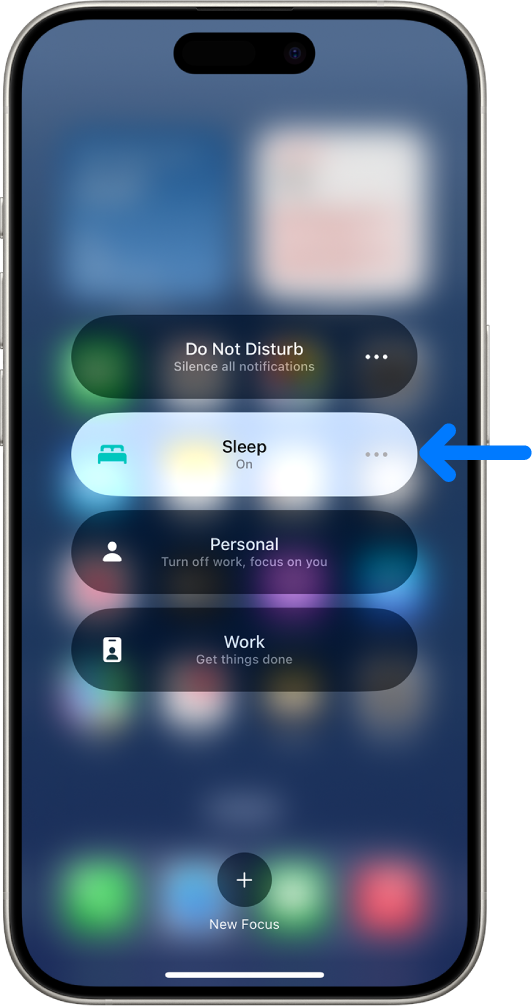 La pantalla de Enfoque con el enfoque Sueño activado, y los enfoques No molestar, Personal y Trabajo desactivados.