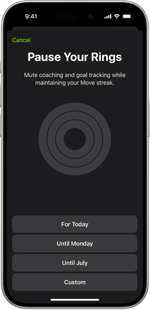 La pantalla Pausar tus círculos de la app Fitness mostrando las opciones para pausar los círculos de Actividad.