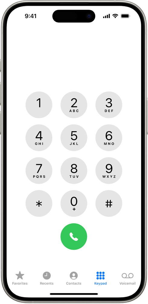 Un teclado numérico en la app Teléfono mostrando números del 1 al 9. Debajo del teclado numérico se encuentra un botón verde con la etiqueta Llamar. En la parte inferior están los botones Favoritos, Recientes, Contactos Teclado (que está seleccionado) y Buzón de voz.