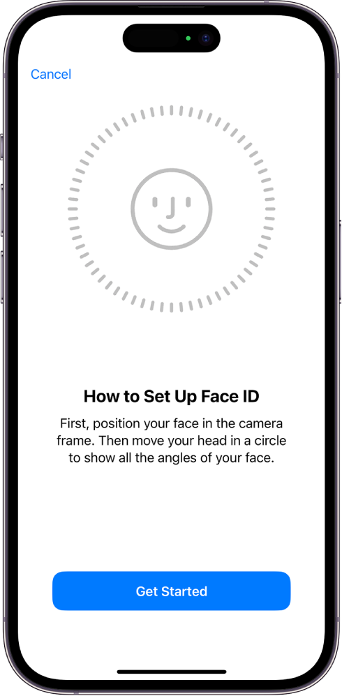 La pantalla de configuración de reconocimiento de Face ID. Se muestra una cara en la pantalla dentro de un círculo. El texto que está debajo de la cara le indica al usuario que mueva la cabeza lentamente para completar el círculo.