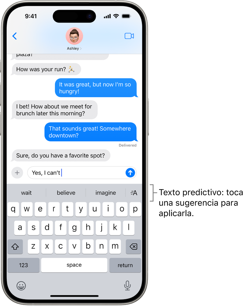 En la app Mensajes, el teclado en pantalla está abierto. Se ingresa texto en el campo de búsqueda y, arriba del teclado, aparecen sugerencias de texto predictivo para la siguiente palabra.