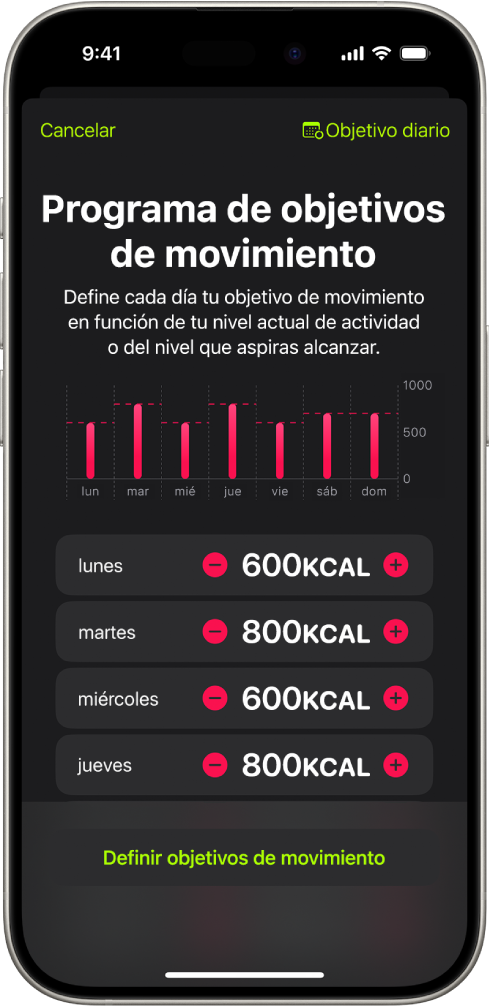 Pantalla “Programa de objetivos de movimiento” de la app Fitness con botones para aumentar o disminuir el objetivo de movimiento en función del día de la semana.