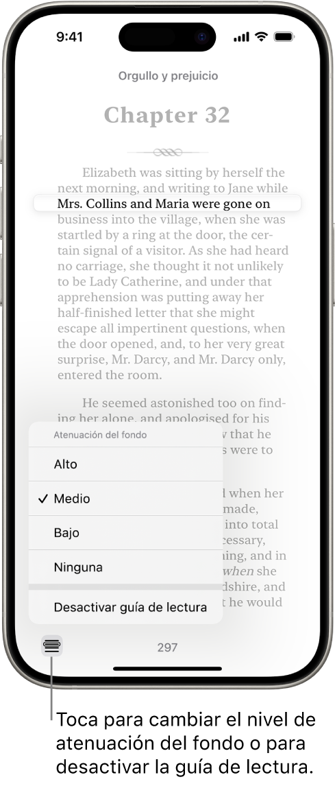 Página de un libro en la app Libros. Se resalta una sola línea de texto y el resto del texto se atenúa. En la esquina inferior izquierda de la pantalla se encuentra el botón “Guía de lectura”.