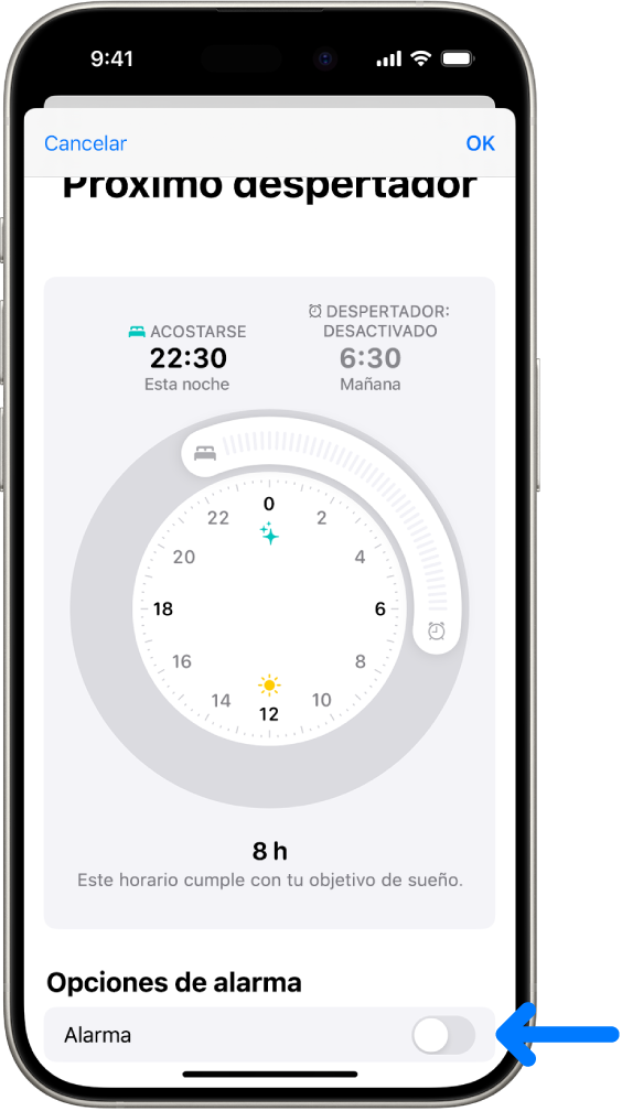 Pantalla “Próximo despertador” de la app Salud con la opción Alarma desactivada en la parte inferior.