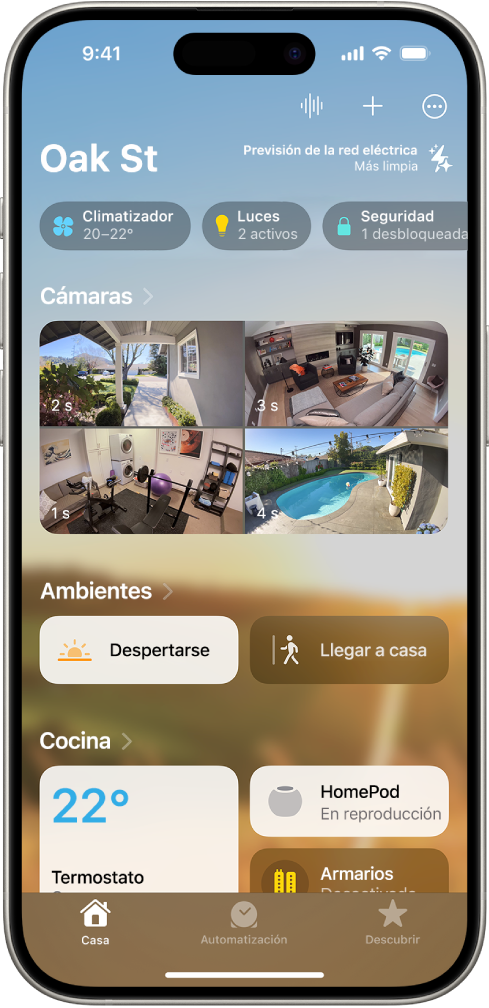 La pantalla de inicio en la app Casa.
