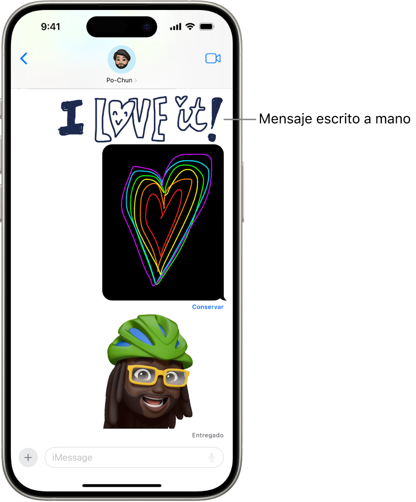 Conversación de la app Mensajes con animaciones: un mensaje escrito a mano, un mensaje Digital Touch y un Memoji animado.