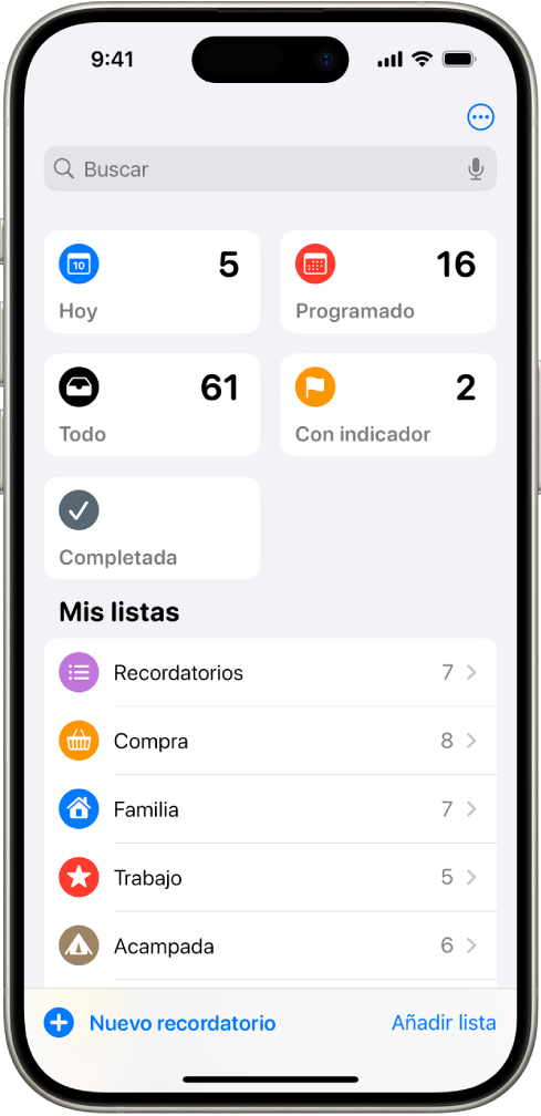 Pantalla de Recordatorios con las listas inteligentes en la parte superior y las listas normales debajo.