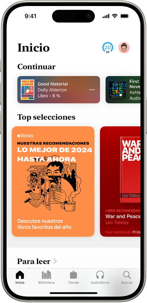 Pantalla Inicio en la app Libros. En la parte inferior de la pantalla, de izquierda a derecha, se muestran las pestañas Inicio, Biblioteca, Tienda, Audiolibros y Buscar. La pestaña Inicio está seleccionada.