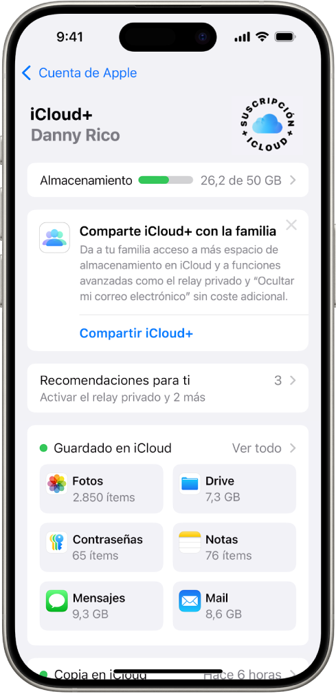 Pantalla de ajustes de iCloud con el medidor de almacenamiento en iCloud y una lista de servicios, como Fotos, iCloud Drive y copia de seguridad en iCloud, que se pueden usar con iCloud.