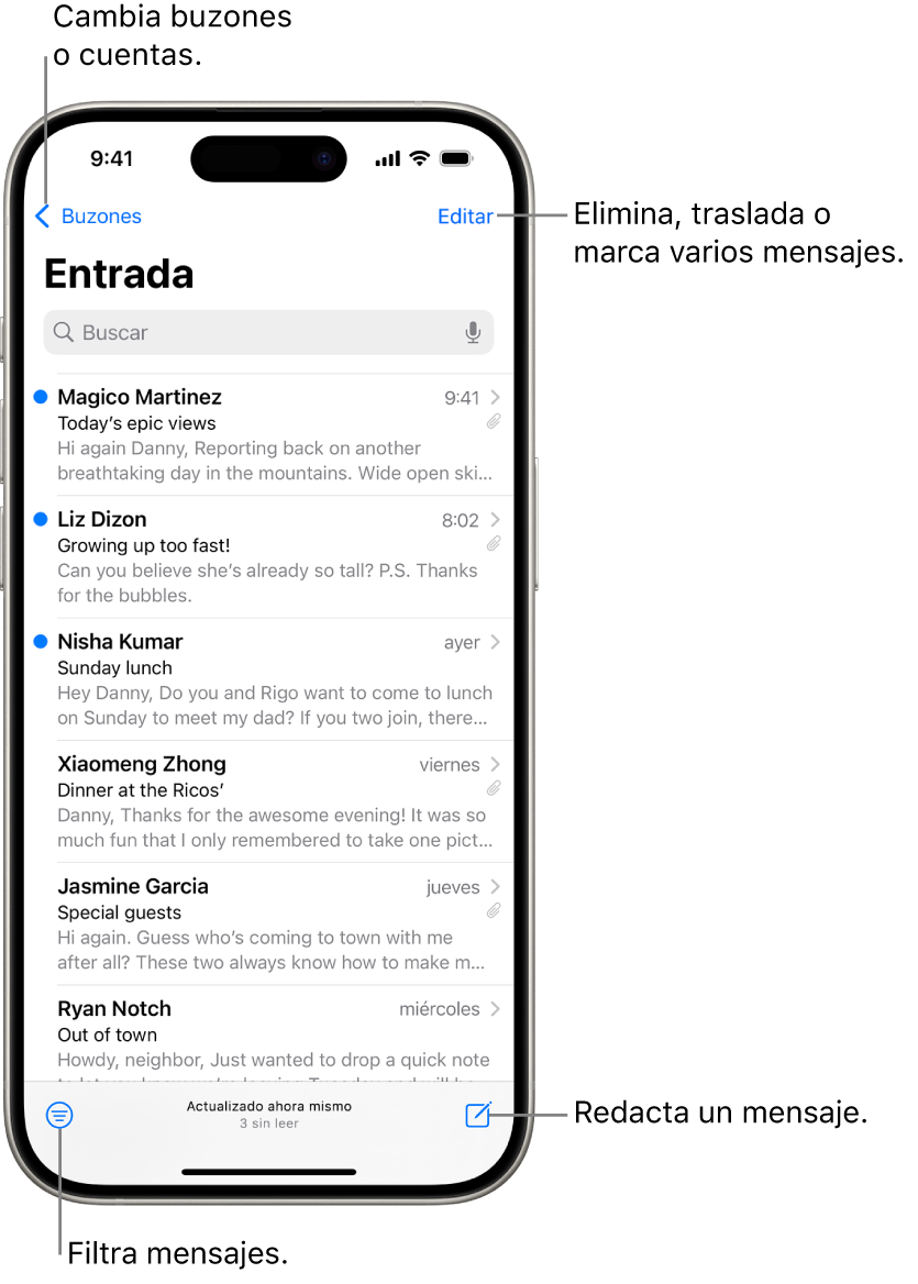 El buzón de entrada de la app Mail, con una lista de correos electrónicos.