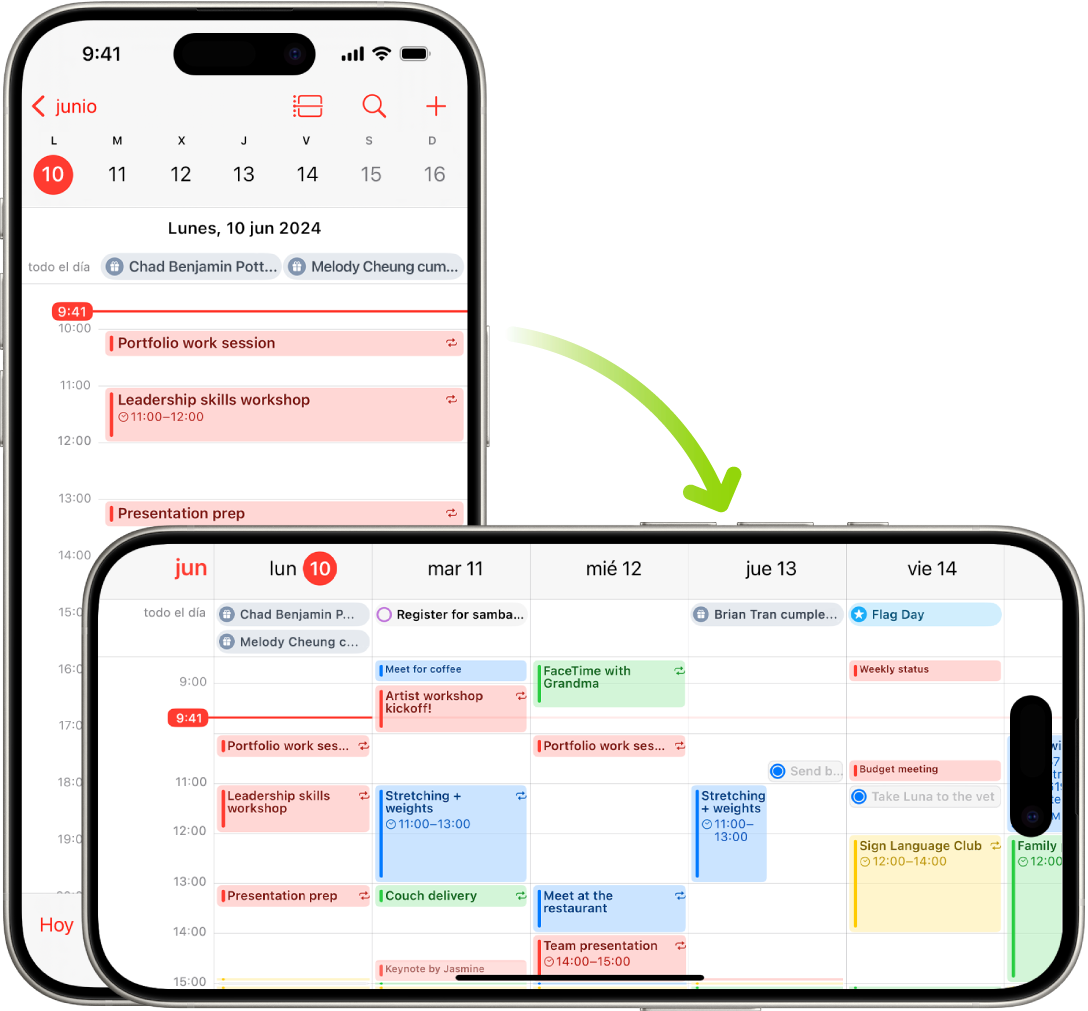 En segundo plano, el iPhone muestra una pantalla de Calendario, con los eventos de un día en sentido vertical; en primer plano, el iPhone está girado en horizontal y muestra los eventos de Calendario de toda la semana.