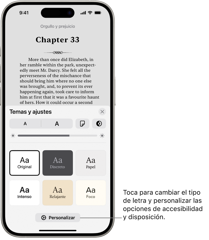 Página de un libro en la app Libros. Las opciones de temas y ajustes con los controles de tamaño de la letra, la vista del desplazamiento, el estilo al pasar de página, el brillo y los estilos del tipo de letra.