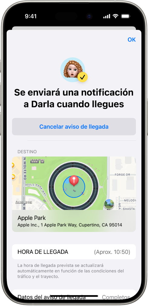 Pantalla de aviso de llegada que muestra que una amistad recibirá una notificación en 14 minutos. Debajo están las opciones para ampliar el tiempo o cancelar la sesión de aviso de llegada. En la parte inferior hay un mapa con la ubicación actual.