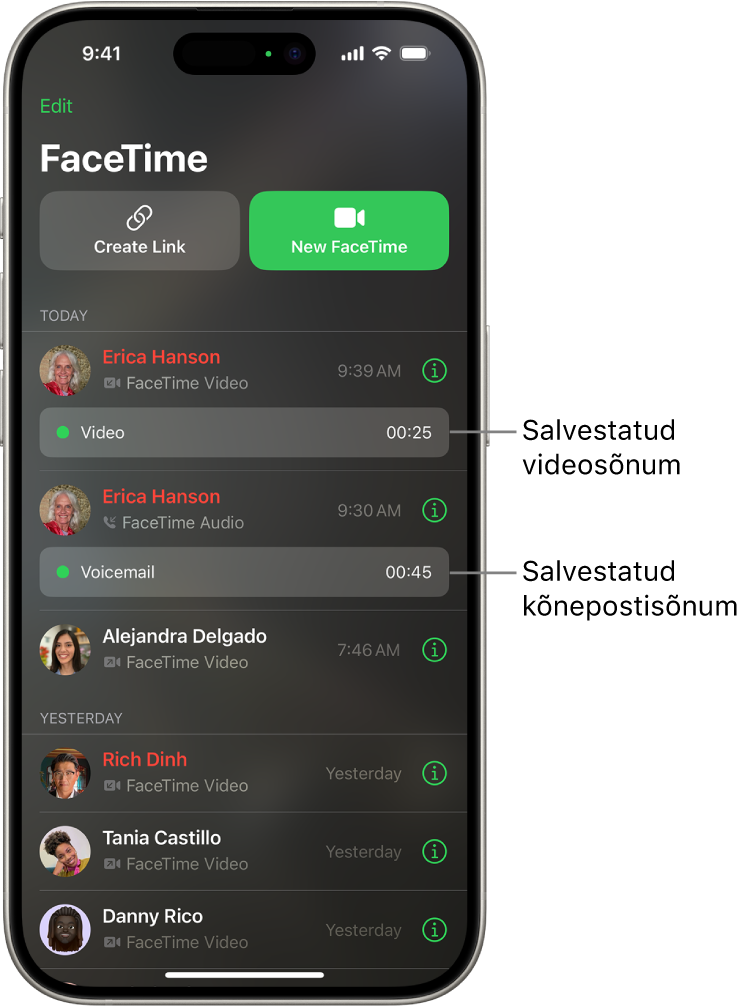 FaceTime’i kõneajalugu koos linkidega salvestatud videosõnumile ja kõnepostiteatele.