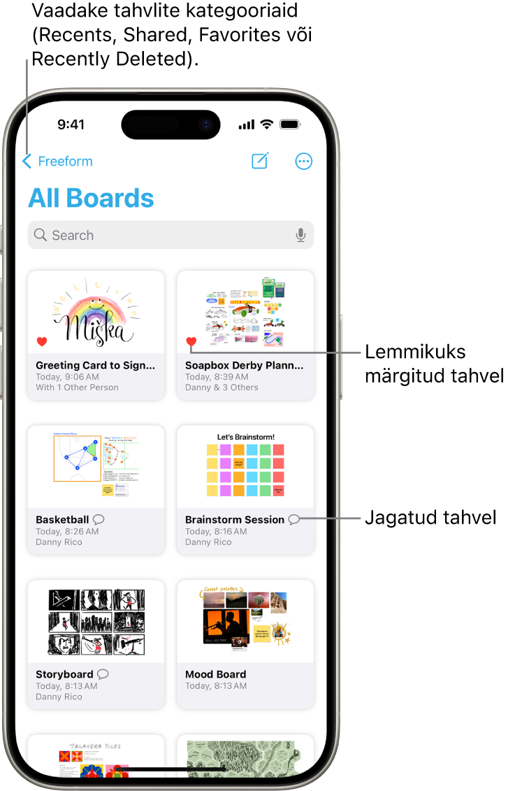 Avatud on kuva Freeform All Boards ning seal on kaheksa tahvli pisipilti.