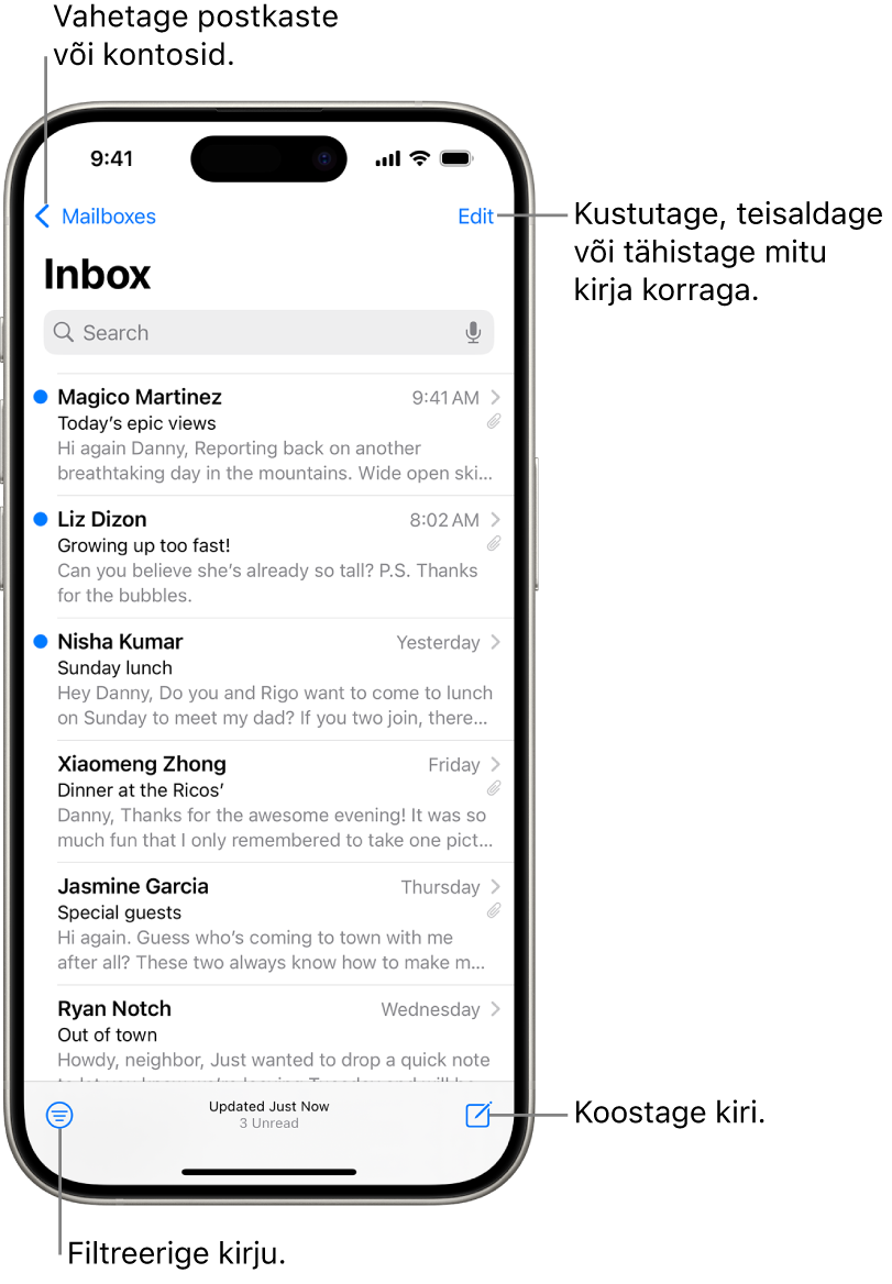 Mail Inboxis kuvatakse e-kirjade loendit.