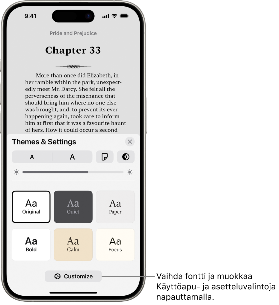 Kirjan sivu Kirjat-apissa. Teemat ja asetukset -valinnat, joissa on fonttikoon, vieritysnäkymän, sivunkäännön tyylin, kirkkauden ja fonttityylien säätimet.