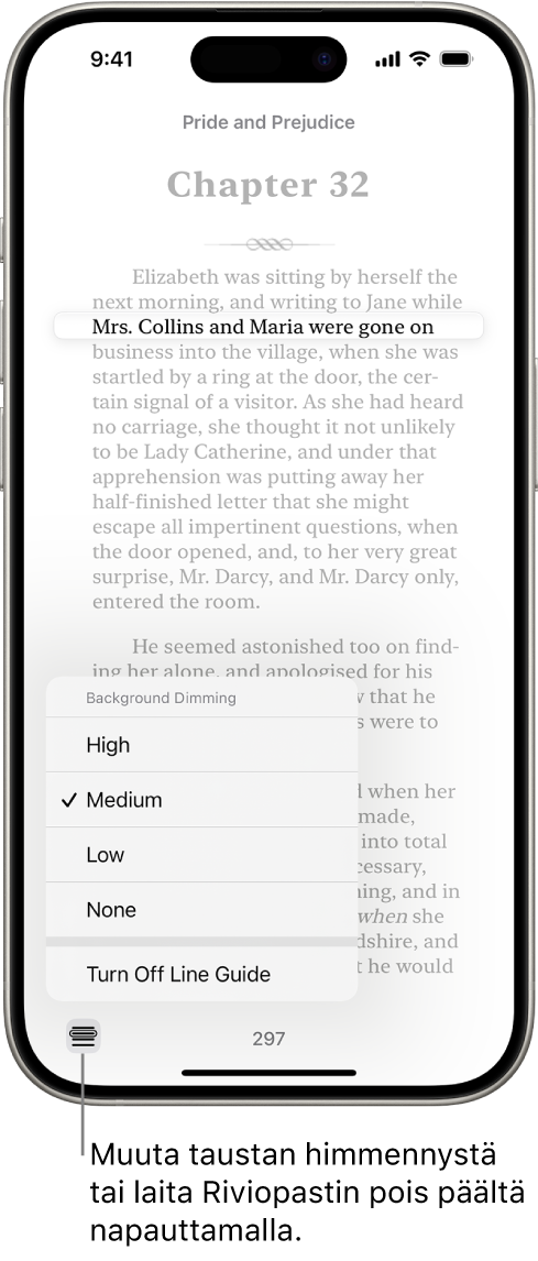Kirjan sivu Kirjat-apissa. Tekstin yksi rivi on korostettuna, ja muu teksti on himmennettynä. Näytön vasemmassa alakulmassa on Riviopastinvalikko-painike.