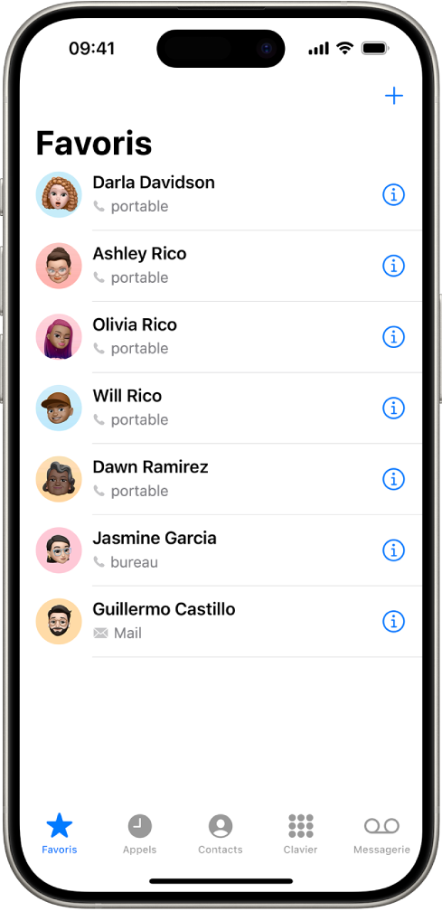 L’écran Favoris de l’app Contacts. Six contacts sont répertoriés dans les favoris.