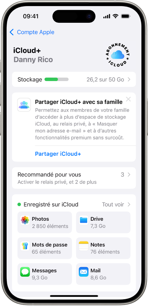 Écran des réglages iCloud montrant l’indicateur d’espace de stockage d’iCloud et une liste d’apps et de fonctionnalités pouvant être utilisées avec iCloud.