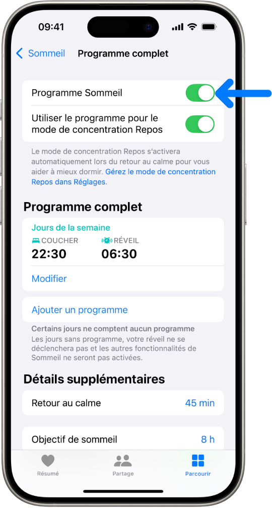 L’écran de sommeil « Programme complet » dans Santé avec l’option « Programme Sommeil » activée en haut.