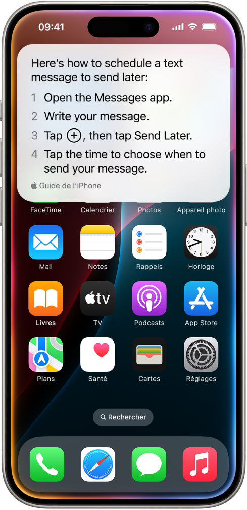 L’écran d’accueil de l’iPhone affichant les étapes indiquées par Siri pour programmer un message texte à envoyer plus tard.