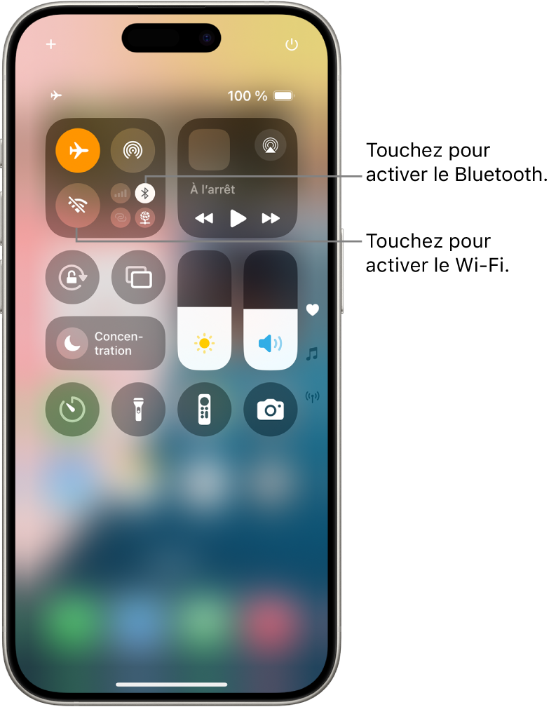 Centre de contrôle avec le mode Avion activé, affichant que le Wi-Fi et le Bluetooth sont désactivés. Les boutons pour activer le Wi-Fi et le Bluetooth se trouvent près de l’angle supérieur gauche du centre de contrôle.