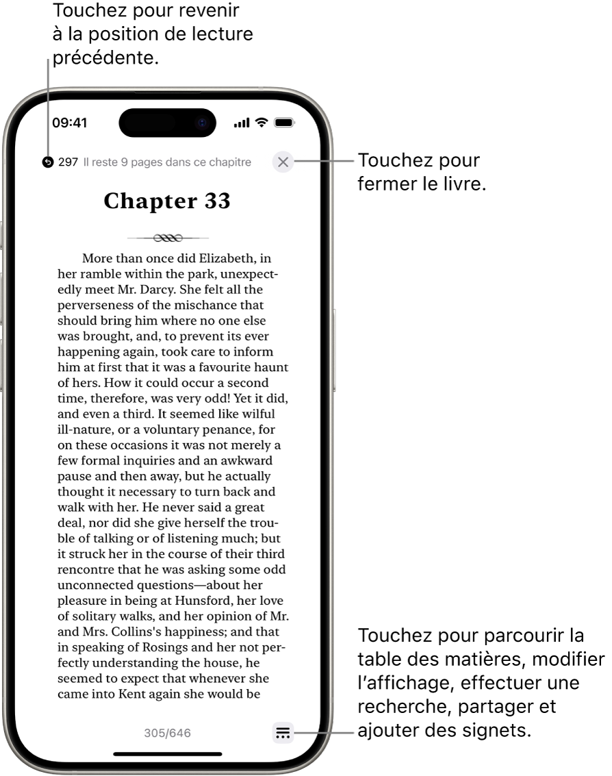 Une page d’un livre dans l’app Livres. En haut de l’écran se trouvent les boutons permettant de revenir à la page où la lecture a commencé et de fermer le livre. En bas à droite de l’écran se trouve le bouton Menu.