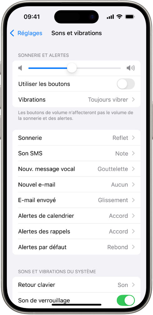 L’écran « Sons et vibrations » dans Réglages. Les options à l’écran sont, de haut en bas, Écouteurs et « Sécurité des écouteurs », « Volume des sonneries et alertes » avec un curseur permettant de régler le volume et une option permettant de modifier le volume à l’aide de boutons, et « Sons et séquences de vibrations », avec les options Sonnerie et « Son SMS ».