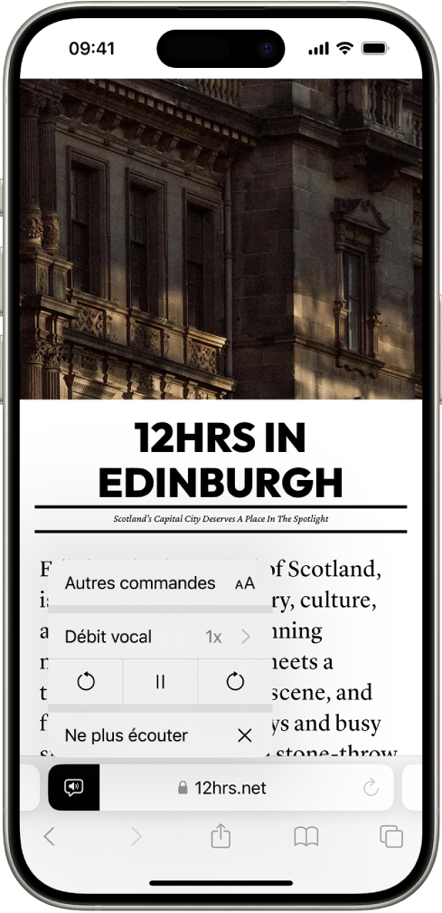 Un site web est ouvert dans Safari. Le bouton « Réglages de la page » est sélectionné et les commandes d’écoute sont affichées.