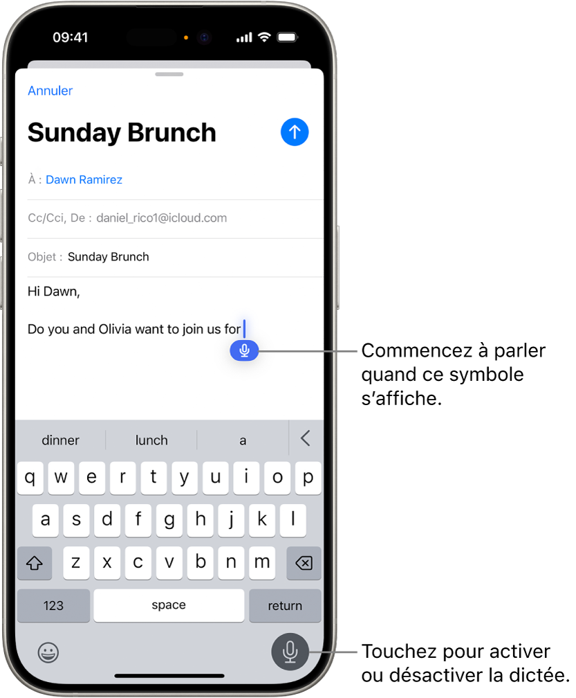 Le clavier à l’écran est ouvert dans l’app Mail. Le bouton Dictée dans le coin inférieur droit de l’écran est sélectionné et le bouton Dictée apparaît sous le point d’insertion dans le champ de texte.
