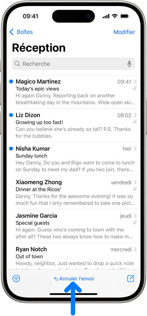 La boîte de réception affichant une liste d’e-mails. Le bouton « Annuler l’envoi » (permettant de retirer un e-mail envoyé récemment) se trouve au centre de l’écran, en bas.