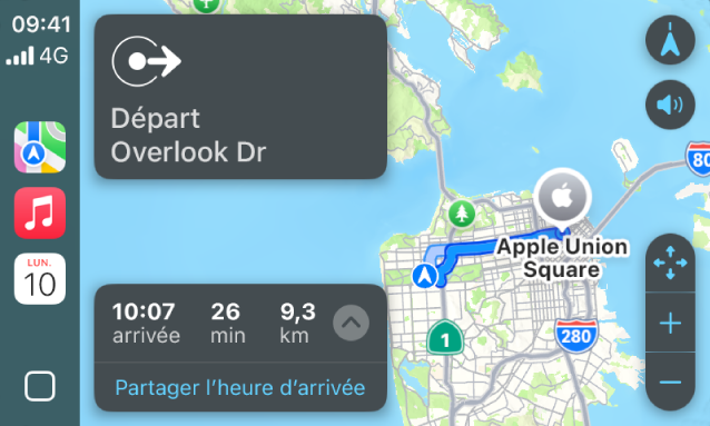 CarPlay affichant Plans, Musique et Calendrier dans la barre latérale. Sur la droite se trouve un itinéraire de navigation entre Apple Park et Apple Union Station.