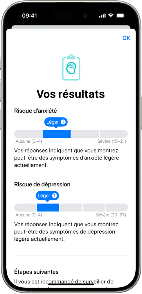 Écran dans l’app Santé affichant les résultats d’un questionnaire sur la santé mentale.