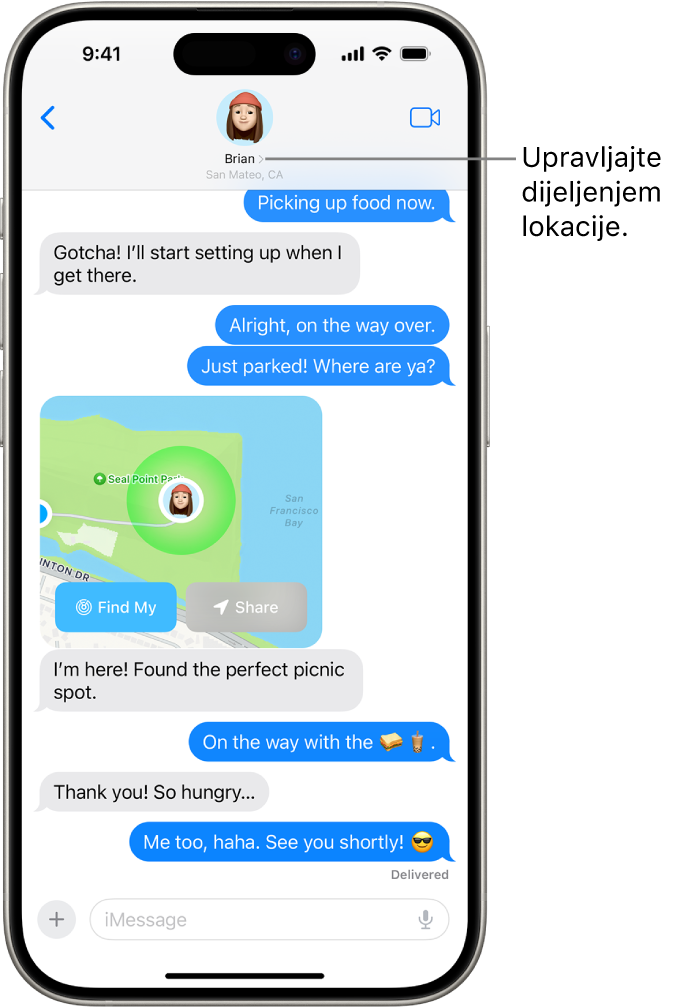 Razgovor u aplikaciji Poruke s dijeljenom lokacijom koristeći Precizno pronalaženje.
