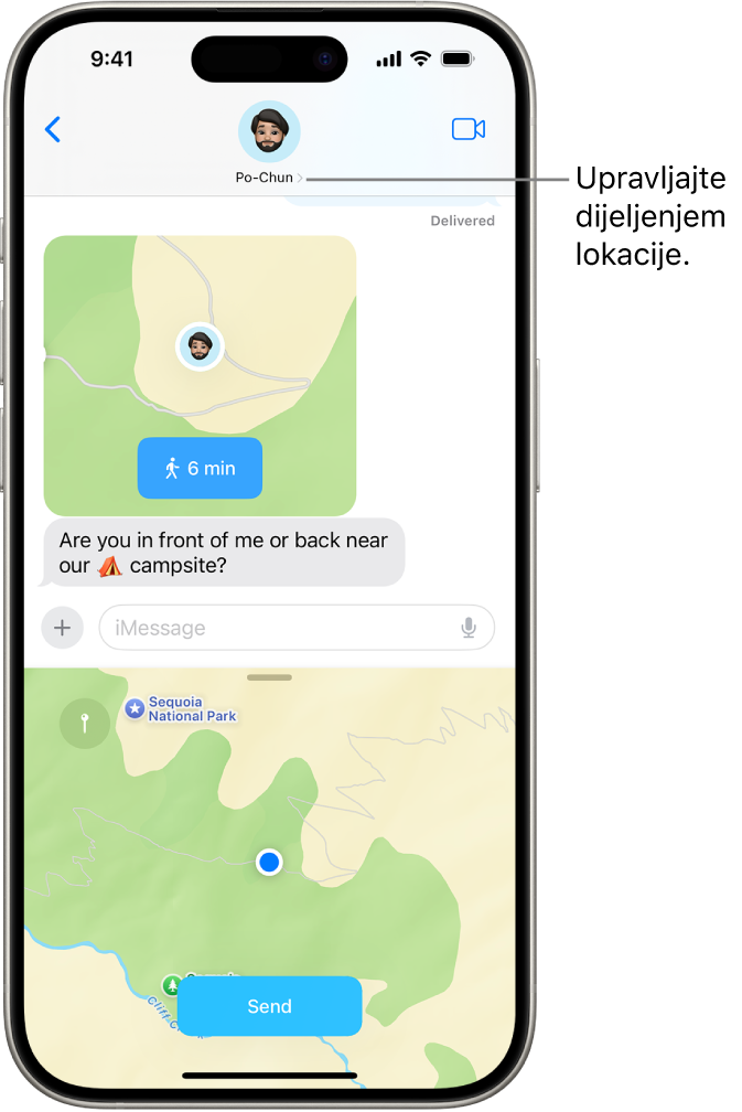 Razgovor u aplikaciji Poruke s dijeljenom lokacijom.