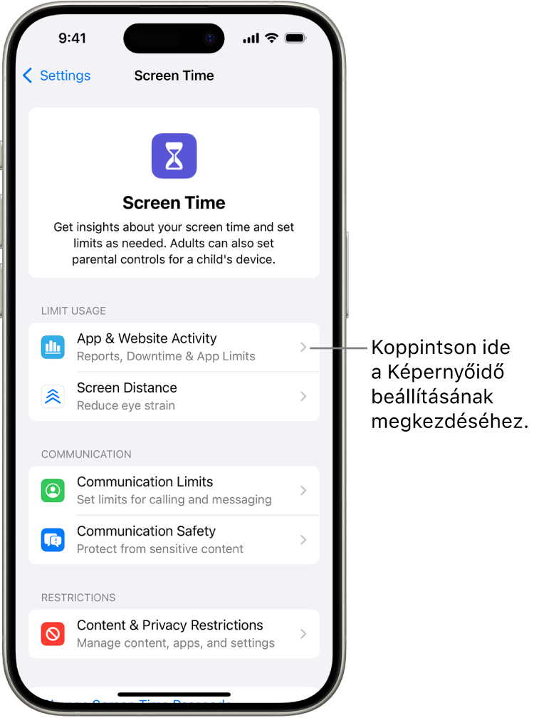 A Képernyőidő beállítására szolgáló képernyő, amelyen az App- és webhelytevékenység gomb látható.